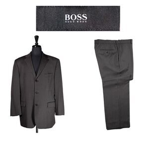 Hugo Boss Mens Suit 2 Piece Gray Pink Striped Wool Blazer Jacket 42S Pants 36x30